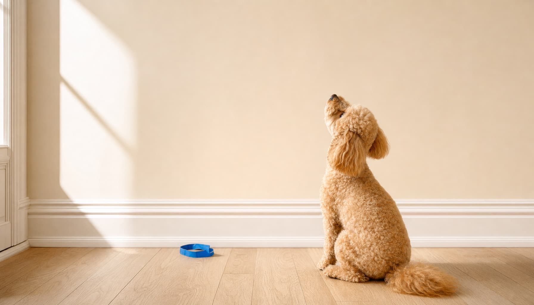 Pudel bewundert die frisch gestrichene Wand