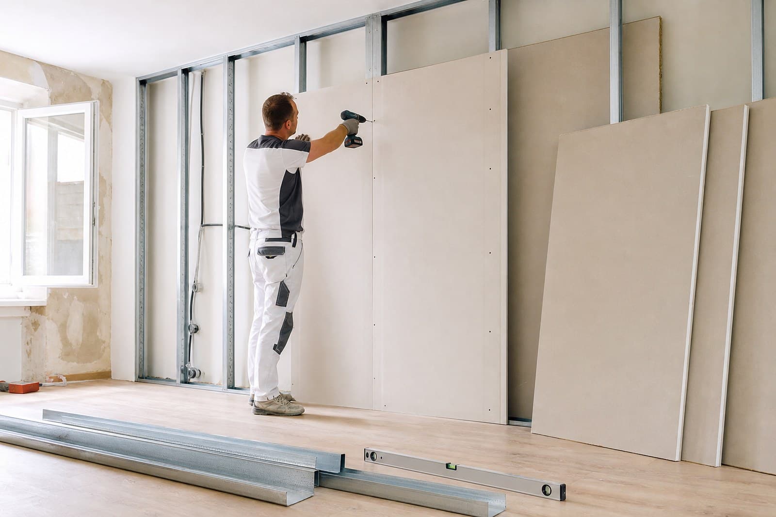 Gipskartonwand im Ständerwerk während des Innenausbaus